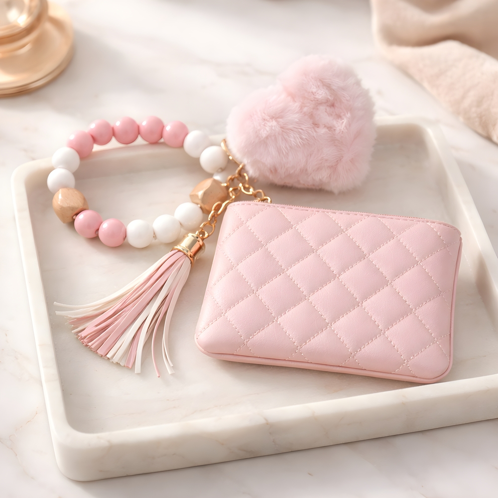 Quilted Pink Wristlet Keychain with Pom & Tassel